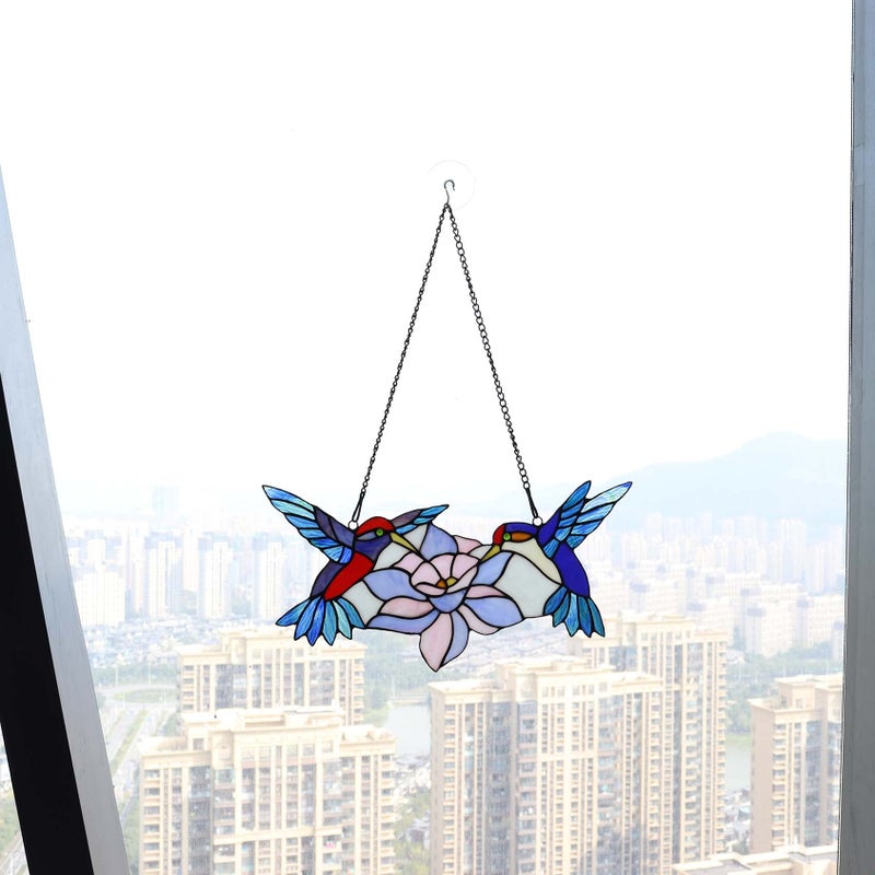 Bieye W10015 Hummingbird Flower Tiffany Style Stained Glass Window Panel Hangings with Chain, Blue, 18" Wide x 9" Tall - Image 2